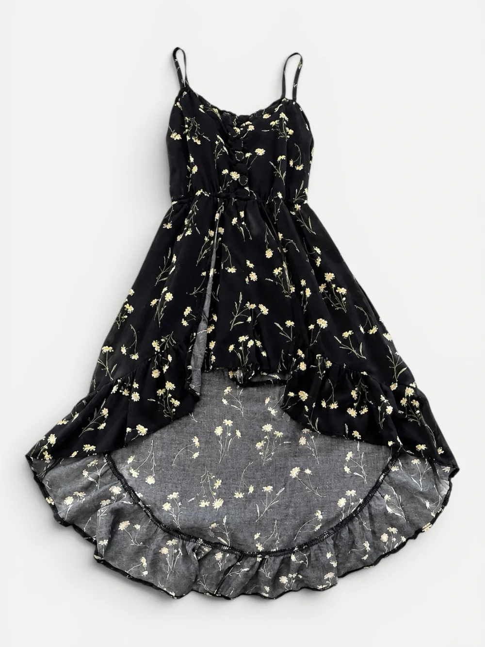 Art Class Girls Black Daisy Floral High-Low Romper – Size S 6/6X